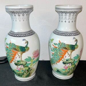 2 Chinese/ Asian Porcelain Zhongguo Jingdezhen Zhi Vase Peacock & Flowers 8 1/8”